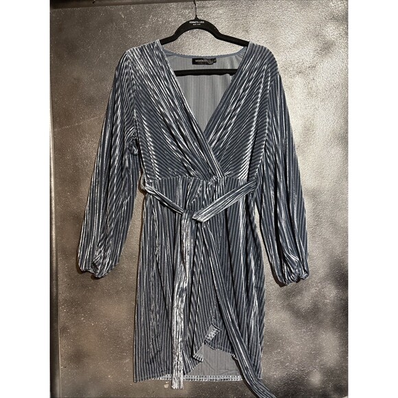 Merokeety Dresses & Skirts - Merokeety Women's Long Sleeve Blue  Wrap Velvet V Neck Dress L Fall Soft Cozy